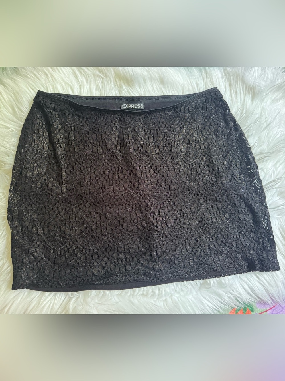 Express Black Lace Mini Skirt with Scalloped Overlay